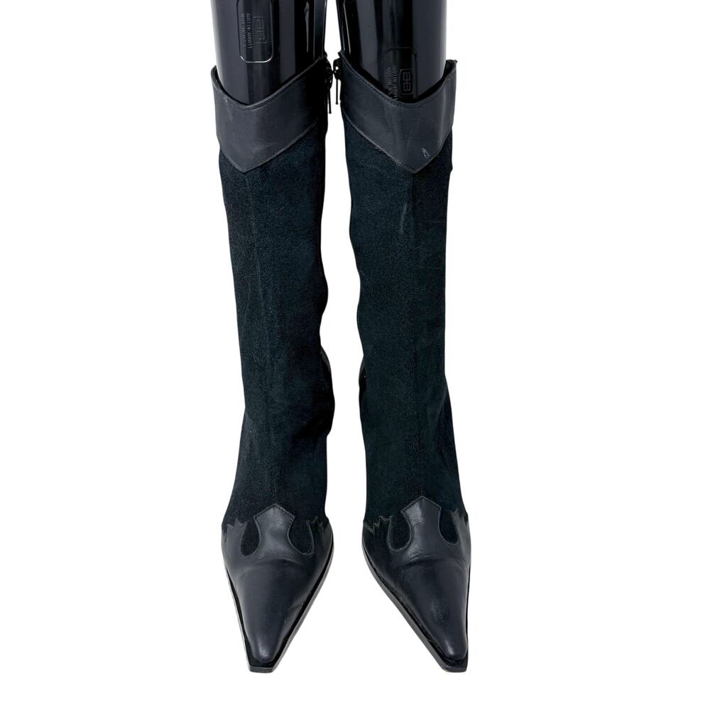Vintage Y2K Motty Black Leather & Suede Western High Heel Boots Sz 8.5 Side Zip - Picture 2 of 9